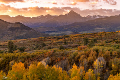 Image of fall colors during sunrise in the mountains around Telluride, Colorado