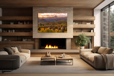 Large unframed fine art print of a sunrise during fall colors displayed above a fireplace in a modern home