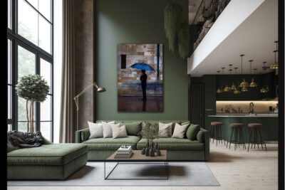 A very large unframed fine art print of a woman holding an umbrella in England, displayed in a modern luxury home