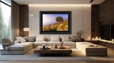 Very large framed fine art print of a lone tree on San Juan Island in the Pacific Northwest displayed in a luxury home