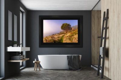 large framed fine art print of a lone tree displayed in the bathroom of an expensive modern home