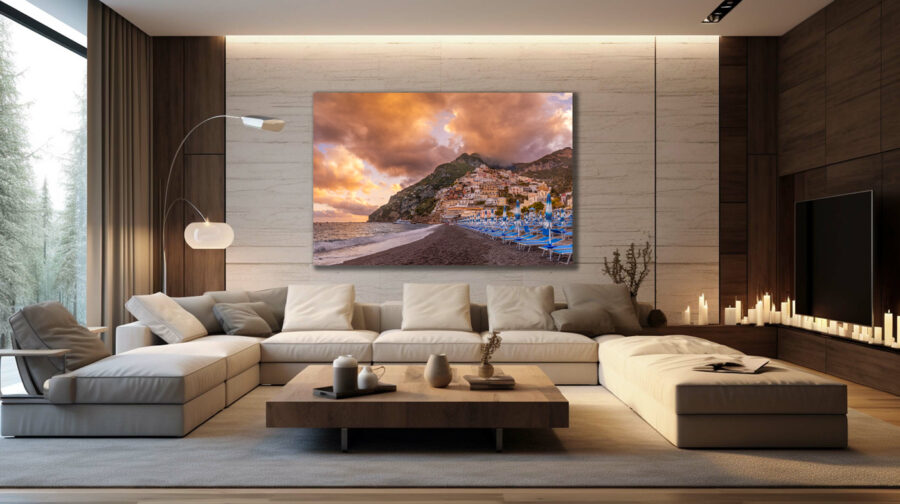 Large unfraimied print of Positano Italy on the Amalfi Coast displayed in the family room of a luxury home