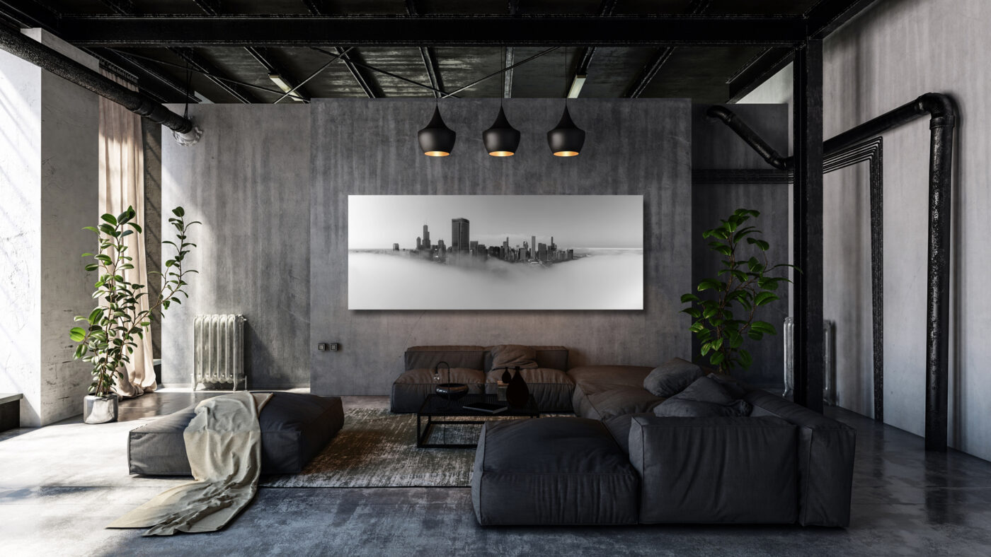 Large unframed panoramic fine art photo of Chicago in black and white with only the buildings sticking out above the clouds displayed in a luxurious apartment