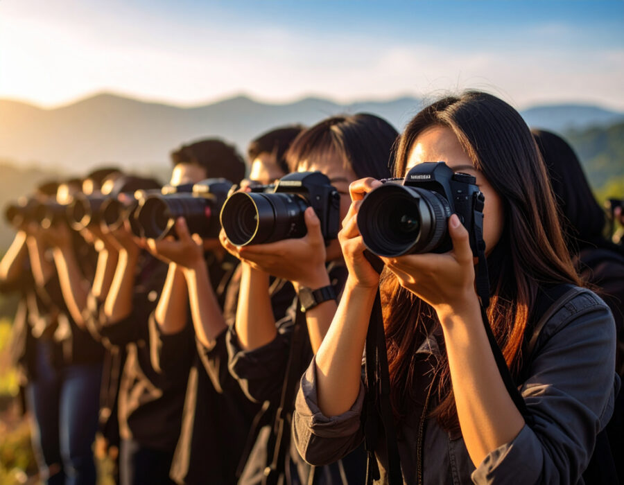 A large group of photographers pointing the camera in the same direction at sunset
