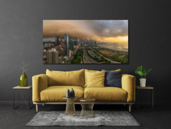a large fine art panoramic print of a storm over chicago displayed in the living room of a modern luxury home