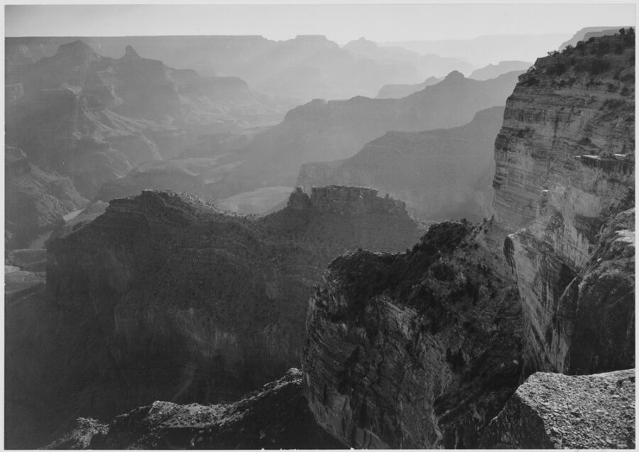 Black and white photo from photographer Ansel Adams of the Grand Canyon
