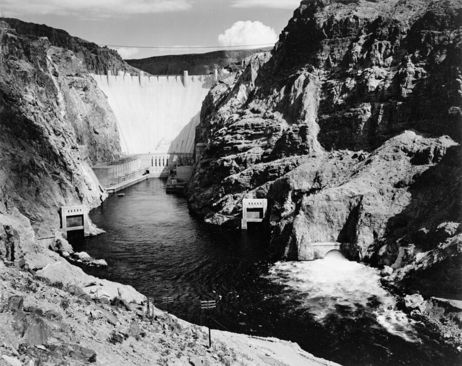 Black and white photograph of a dam in New Mexico by famous photographer Ansel Adams