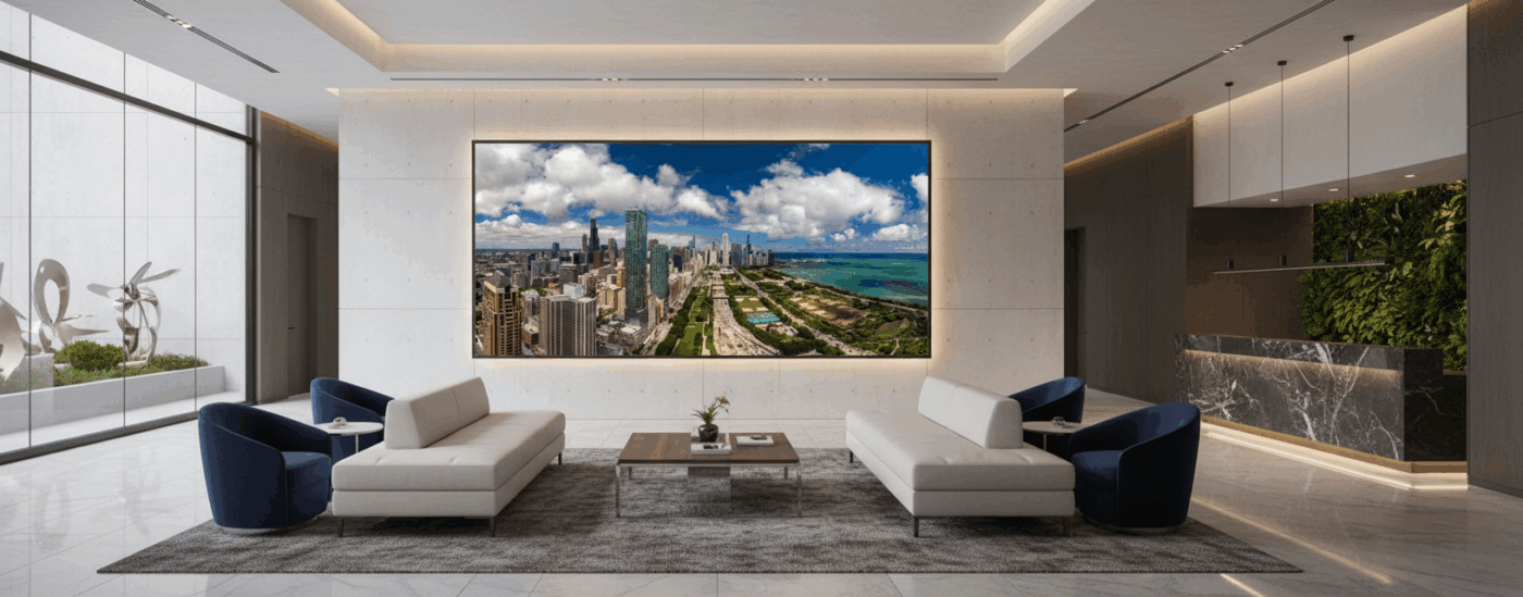 A very large luxury fine art print of chicago being used in the lobby of a modern luxury hotel