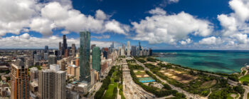 A large panoramic bright clear fine art image of chicago taken from the south side of the city looking north
