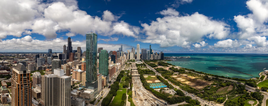 A large panoramic bright clear fine art image of chicago taken from the south side of the city looking north