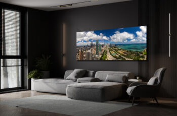 large panoramic fine art print of chicago displayed in the living room of a modern luxury home