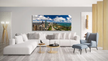 Large panoramic fine art print of chicago displayed in the living room of a contemporary luxury home