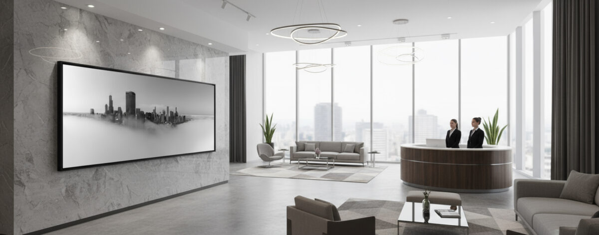 Large black and white photo of Chicago sticking  out above the clouds displayed in a corporate setting