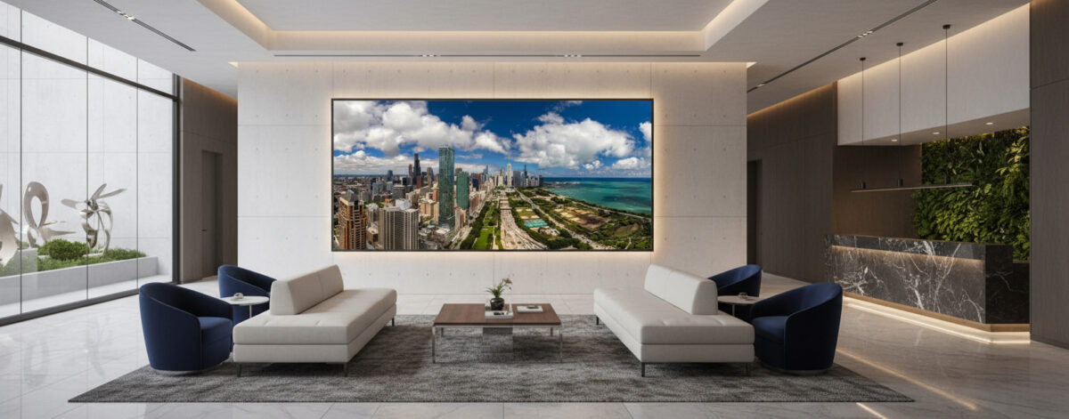 large framed backlit photo of chicago displayed in a corporate office downtown. 