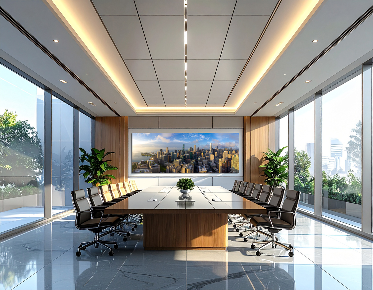 Large unframed photo of Chicago in a boardroom of a luxury office