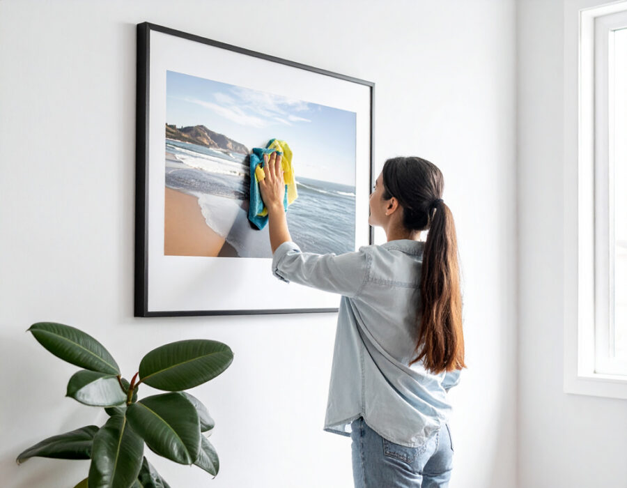Photograph of a woman cleaning a large fine art photograph