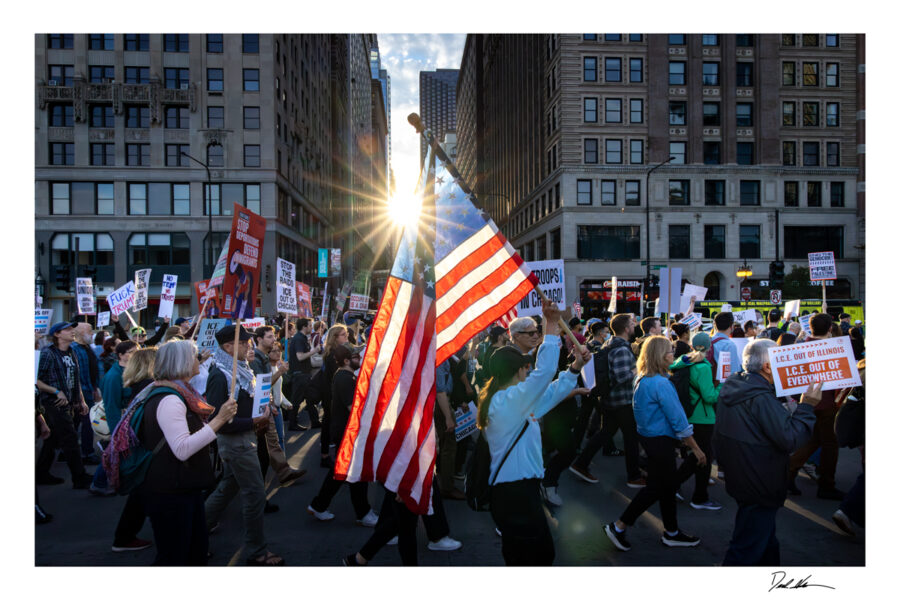 signed fine art print of protesters walking through Chicago