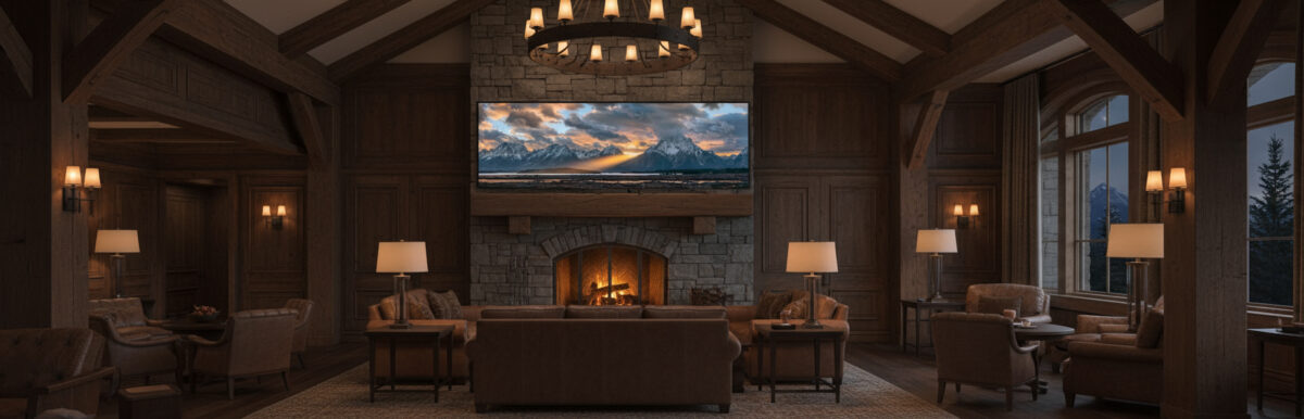Large photo of the Grand Teton National Park on display in the lobby of a mountain hotel