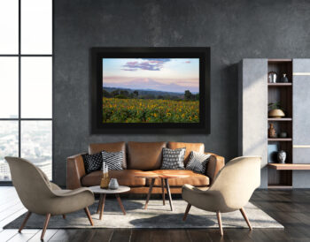 Large framed fine art photograph of mount kilimanjaro displayed in the living room of a modern home