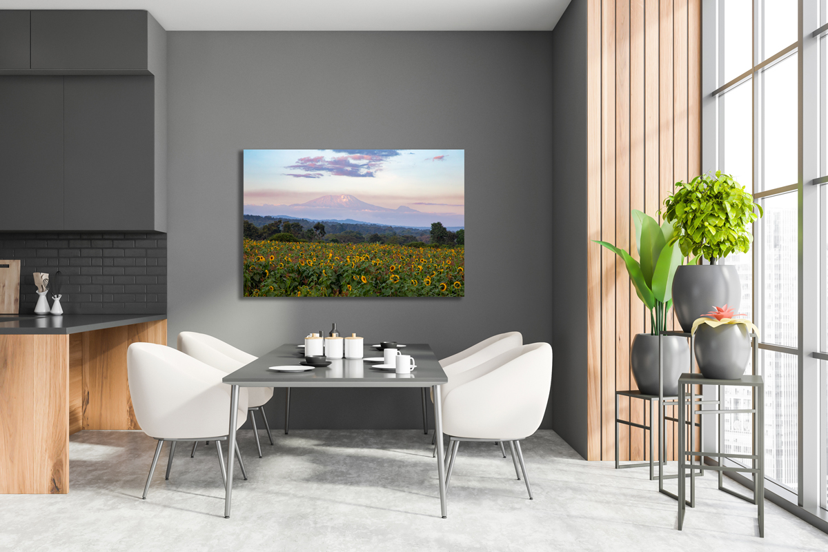Large fine art photograph of mount kilimanjaro displayed in the kitchen of a modern apartment