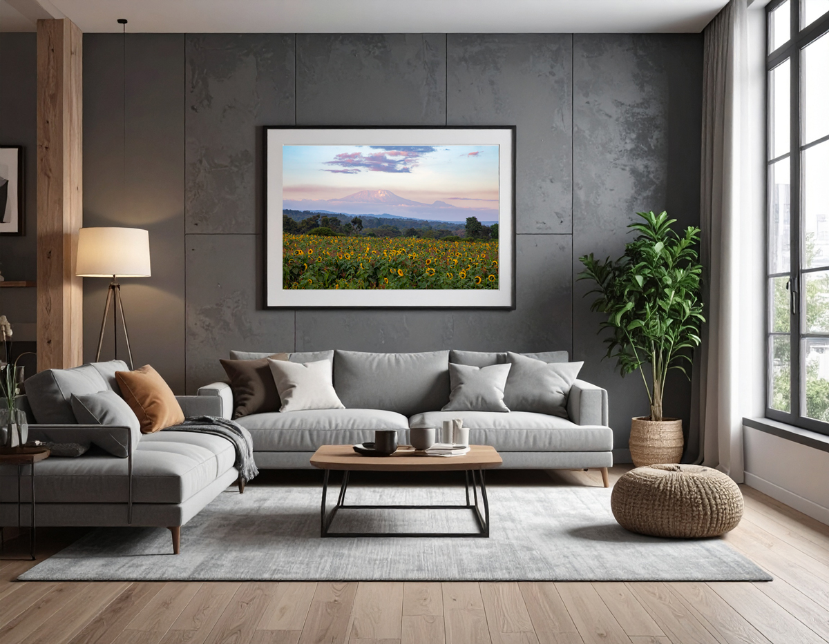 Large framed fine art print of mount kilimanjaro displayed above the couch of a modern home