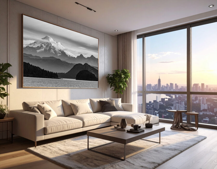 Large fine art photograph of Mount Baker displayed in the living room of a luxury city apartment