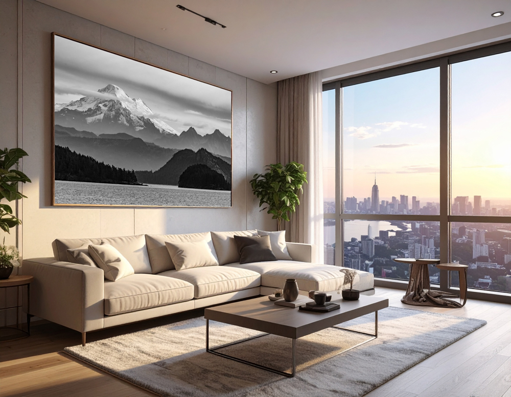 Large fine art photograph of Mount Baker displayed in the living room of a luxury city apartment