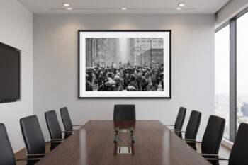 framed fine art black and white photo of people in chicago protesting during a snowstorm displayed in an office building