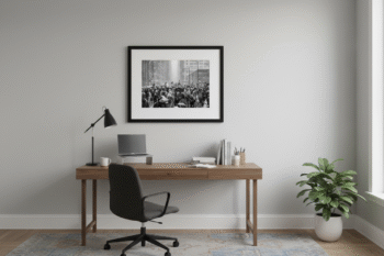 fine art photo of protesters marching in the snow displayed in a home office