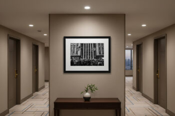 fine art photo of people protesting in the streets of chicago in the snow displayed in a hotel hallway