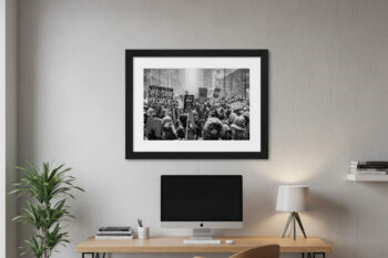 photograph of american citizens protesting in chicago during a snow storm displayed in a home