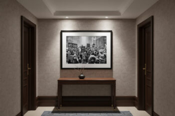 photograph of american citizens protesting in chicago during a snow storm displayed in a hotel
