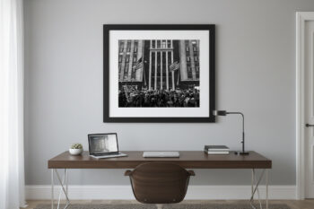 fine art photo of people protesting in the streets of chicago in the snow displayed in a home office