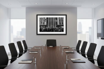 fine art photo of people protesting in the streets of chicago in the snow displayed in a corporate office