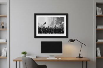 fine art photograph of Chicago residents protesting in the streets covered in snow displayed in home