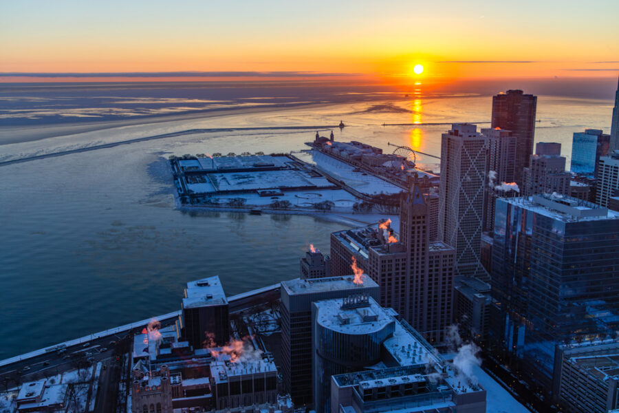 elevated photo of Chicago's Navy Pier at Sunrise in the frozen winter