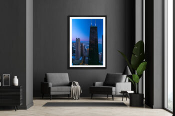 Large fine art photograph of the John Hancock in Chicago displayed in a modern luxury home