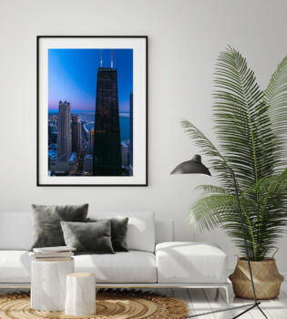 Large fine art photograph of the John Hancock in Chicago displayed in a modern luxury home