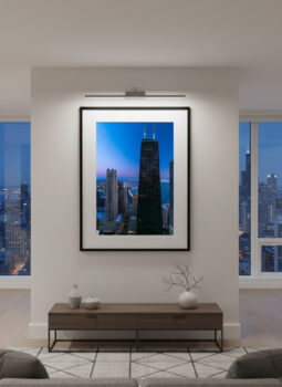 Large fine art photograph of the John Hancock in Chicago displayed in a modern luxury home