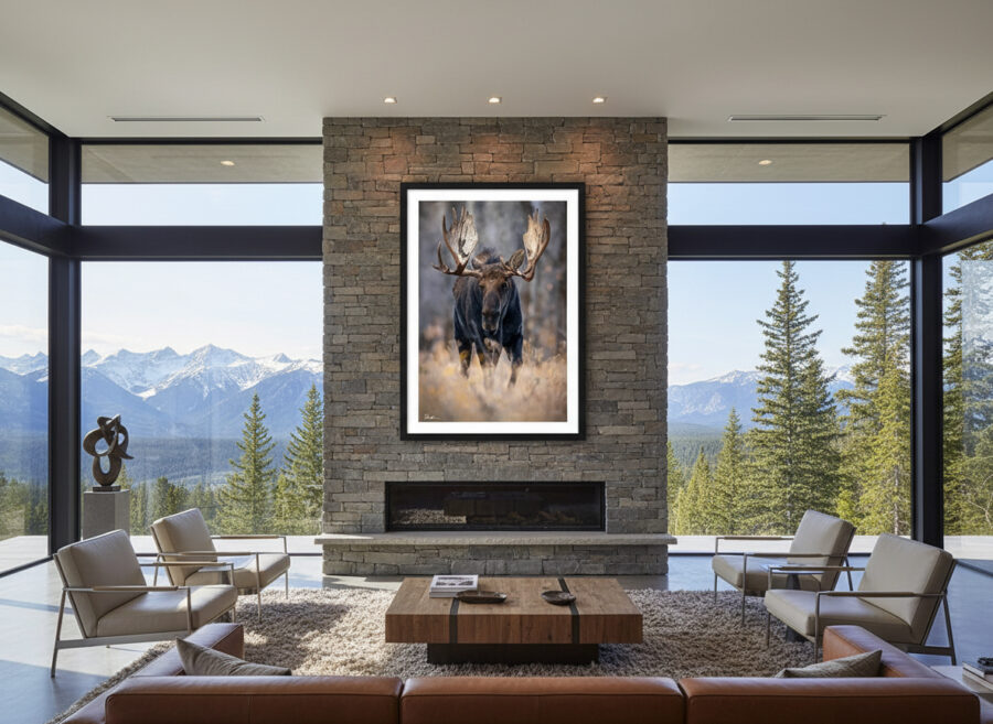 Large fine art photo of a moose displayed in a modern luxury home design