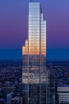Large fine art photographic print of a skyscraper in Chicago at sunrise.