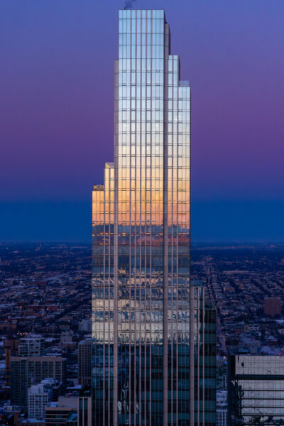 Large fine art photographic print of a skyscraper in Chicago at sunrise.