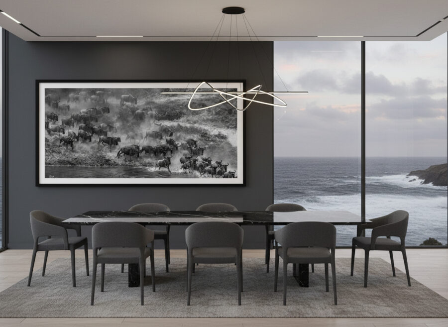Large framed fine art piece of wildebeest framed in a luxury modern ocean home
