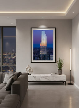 Large fine art photographic print of a skyscraper in Chicago at sunrise displayed in a modern luxury apartment