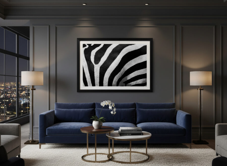 Large fine art photographic print of a zebra pattern on a wall in a luxury apartment
