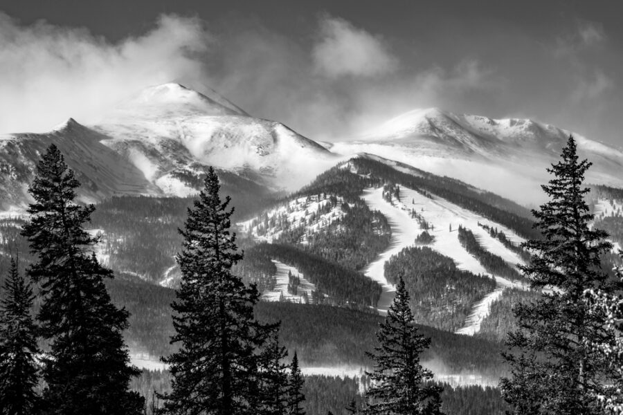 Black and white photograph of Breckenridge Colorado in winter