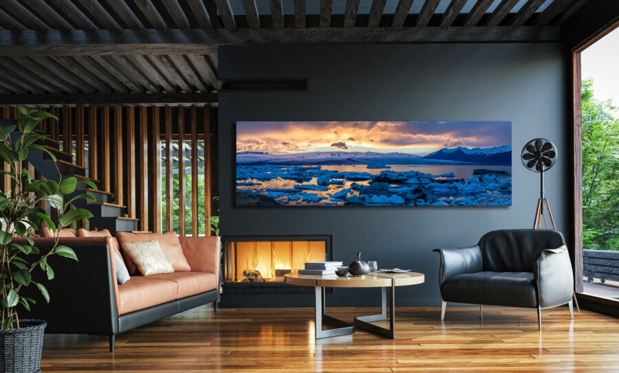 Fine art metal photography print by photographer Derek Nielsen displayed in a modern living room