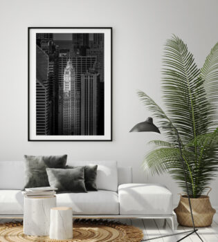 Large framed fine art print of Chicago's Wrigley building on display in a modern home