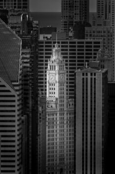 black and white fine art photograph of the Wrigley Building in Chicago