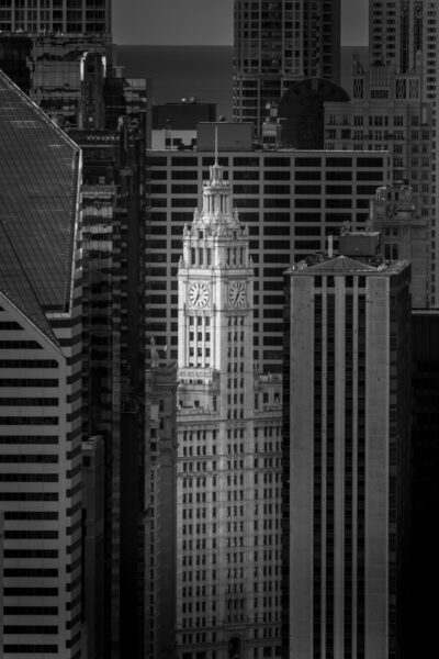 black and white fine art photograph of the Wrigley Building in Chicago